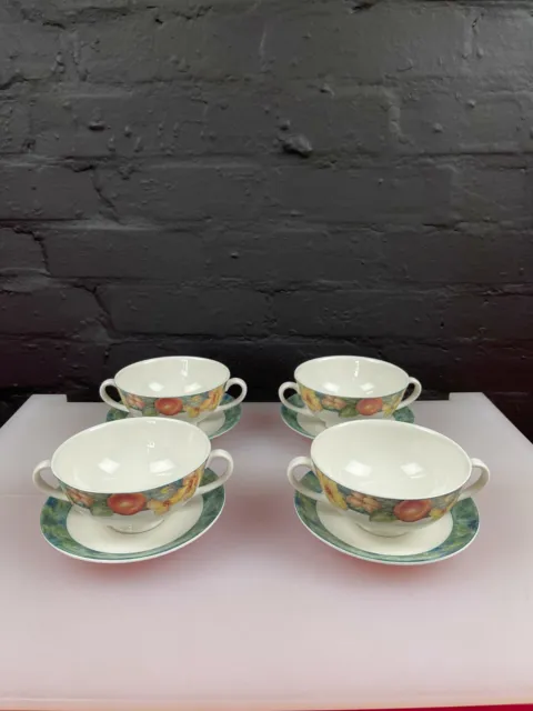 4 x St Michael's Marks and Spencer Millbrook Handled Soup Bowls and Saucers Set