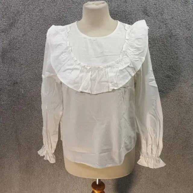 H&M Ivory Cotton Victorian Top Frill Gather Long Sleeve Blouse Uk S
