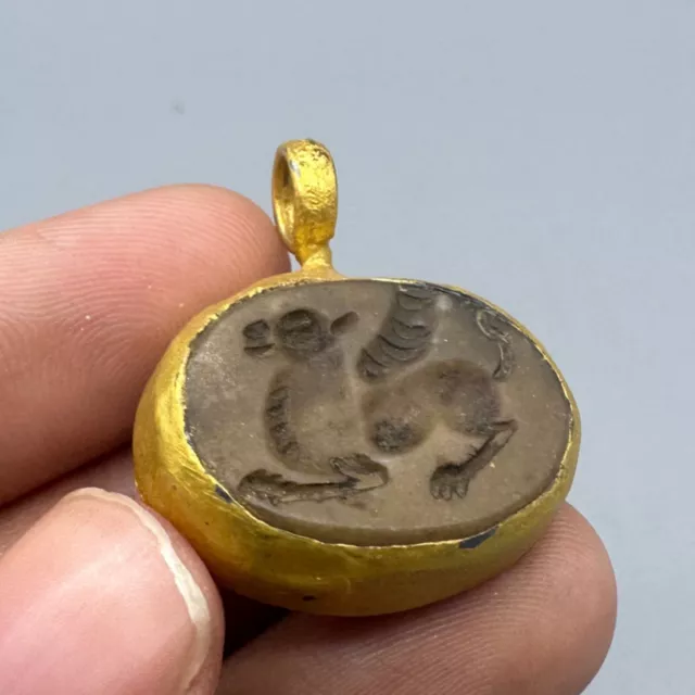 Ancient Roman Jade Pegasus Intaglio Gold Gilded Rare Pendant