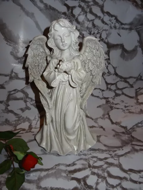 Grabengel mit Vogel in Händen  32 cm Große  Engel Figur Grab Engel Beerdigung