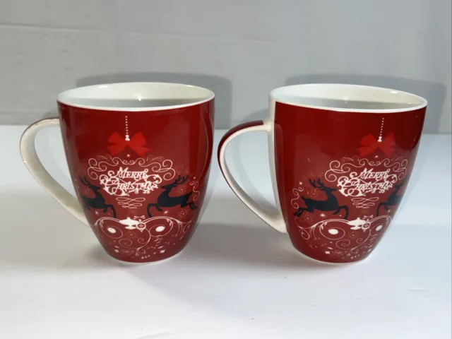 2- Joyeux Collection Christmas Coffee Mug Cup Merry Christmas Red White