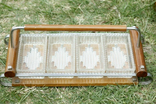 Ancien Plateau Serviteur 5 Compartiments - Bois, Verre, Poignée Chromée, Apéritif