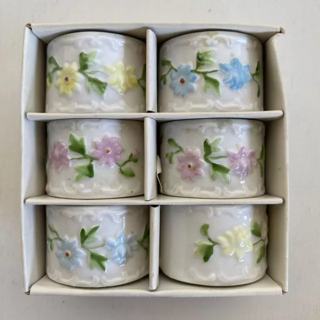 Vintage Shafford Floral Porcelain Napkin Ring Holders Set 6 Flowers Cottage core