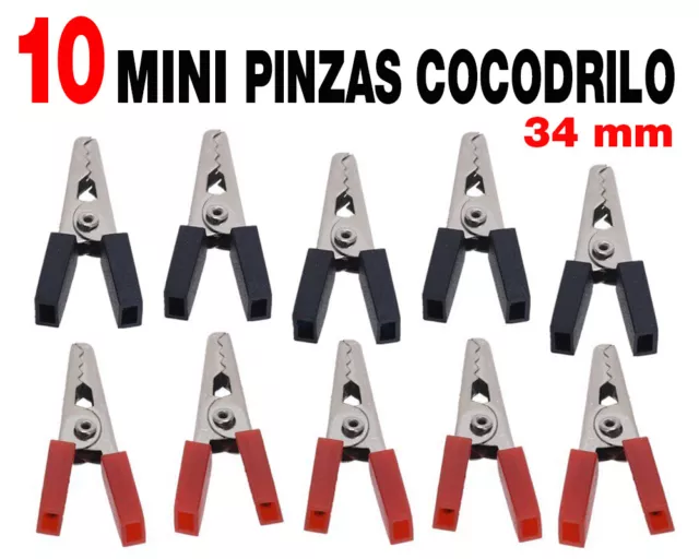 10 x Pinza cocodrilo metal 35 mm, rojo y negro (5 de cada), aisladas. Nuevas !!