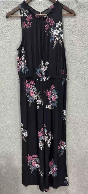 LOFT women jumpsuit womens small black floral sleeveless wide leg stretch waist