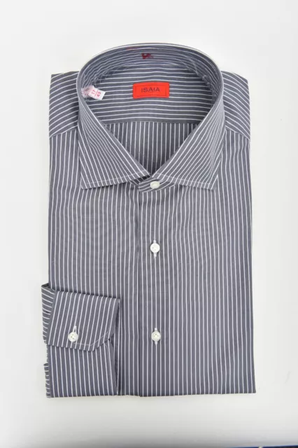 NWT ISAIA Napoli Gray White Striped Cotton Spread Collar Dress Shirt 15 3/4 40