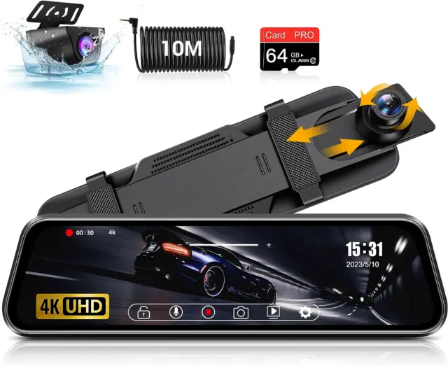 4K Dash Cam Specchietto 10" Dashcam Retrovisore Telecamera per Auto Con 170°