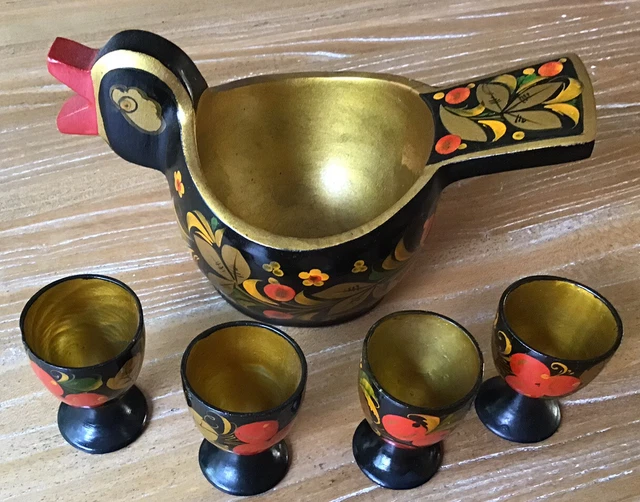 Vintage Russian Rare Khokhloma Hand-painted Duck Bowl & Egg Cups. Folk Art.