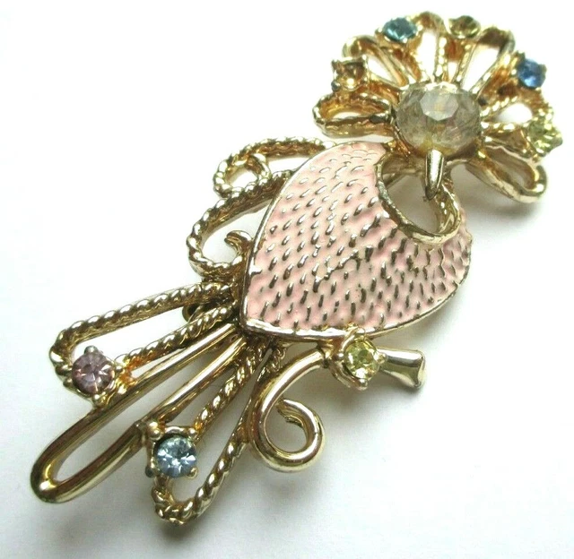Broche Vintage Ciseaux Dorés Avec Cristaux Diamant - Bijou Original 2398 (occasion, Parfait état)