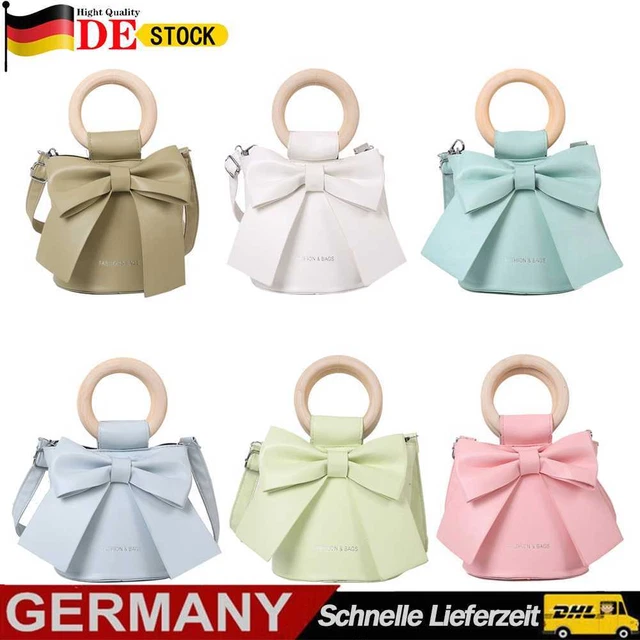 Bow Tie Bucket Crossbody Bag Women Leather Round Wooden Handle Shoulder Handbag