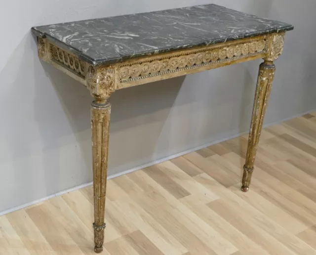 Console Louis XVI En Bois Sculpté, Patine Du Temps Et Marbre, époque XVIII ème