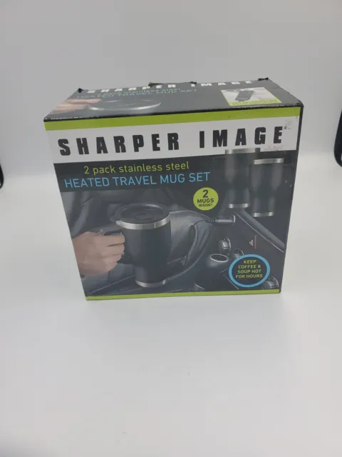 2 Sharper Image Stainless Steel Heated Travel Mug W/ Charger - Black New 14 Oz