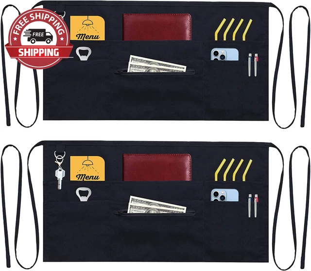7 Pockets Server Aprons with Zipper Pocket (2 Pack) - Aprons for Women Men - Wai