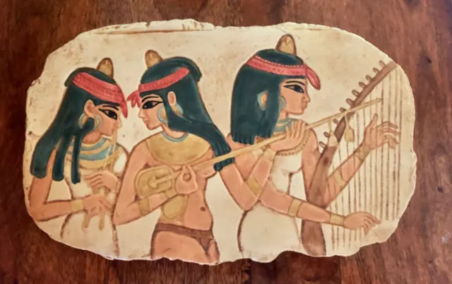Vintage Ancient Egyptian Women Musical Instruments Song Wall Relief Colorful