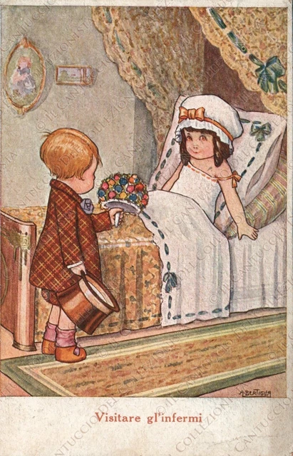 1918 Visitare gl’infermi Bambini fiori Aurelio BERTIGLIA Cartolina illustrata