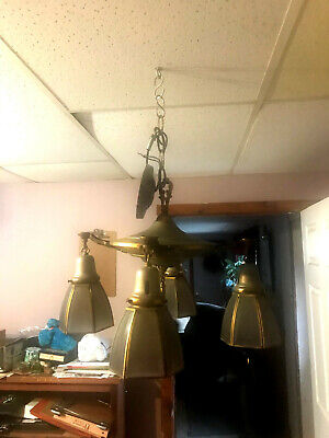 Art Deco Brass 4 Arm  Pan Style Hanging Chandelier Light Fixture w/ shades