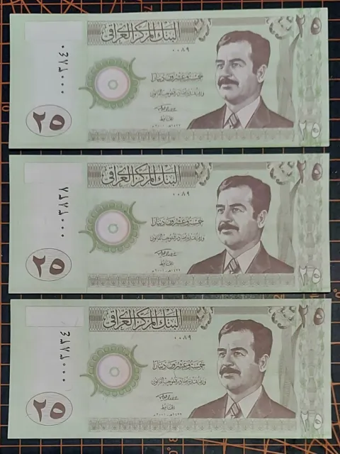 3 Iraq P-86 25 Dinars Year 2001 Saddam  Paper Money Uncirculated Banknotes