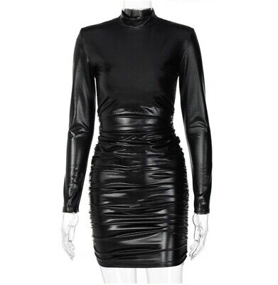 Women Sexy PVC Look Leather Long Sleeve Ruched Bodycon  Night Club  Mini Dress