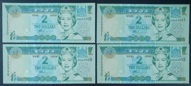 1988 Fiji 2002 QEII ,$1 Dollars 4 Consecutive Banknotes - P# 102a - CHOICE UNC