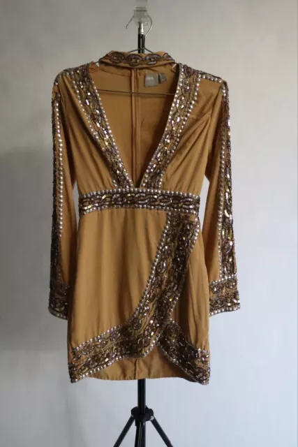 Beaded Embellished Long Sleeve Gold and Silver Sequin Tunic Mini Dress - XS or S