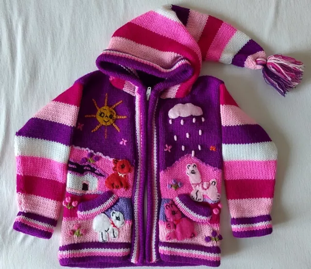 Maglione Felpa cappuccio PERUVIANO FATTO A MANO bambina viola con cerniera NUOVO