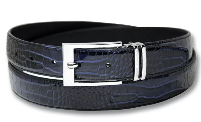 Biagio Croc Embossed NAVY BLUE Mens Bonded Leather Belt Silver-Tone Buckle sz 36