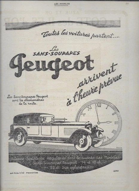 Publicité Ancienne Peugeot 1928 – Sans Soupapes 6/12 Cv, 32x23.5 Cm (occasion)