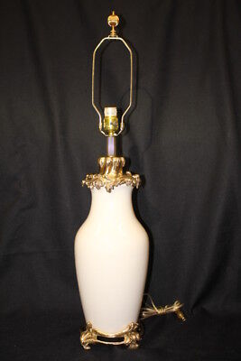 French Style Table Lamp With Brass Mounts & Cream Crackle Glaze Ceramic Body