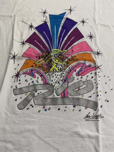 Newstar VINTAGE 1990s RIO LAS VEGAS CASINO HOTEL White Glitter T SHIRT Large