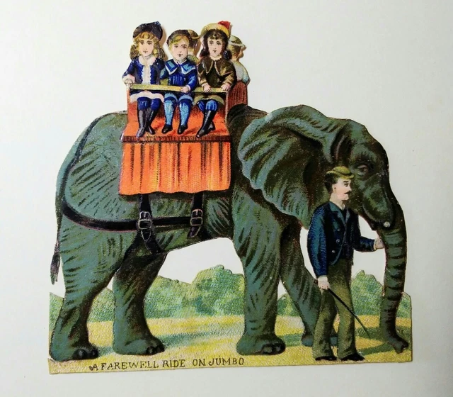 Victorian Die Cut Embossed Scrap 'Farewell Ride on Jumbo' the Elephant 9.5x 9cm
