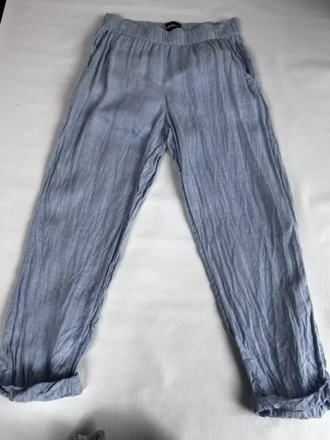 Rachel Roy 100% Linen Blue Pants Cropped/Fold Cuffs Elastic Waist Pockets Size M