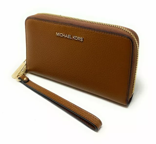 Michael Kors Jet Set Travel Phone Case Wallet Wristlet Brown Leather Luggage FS