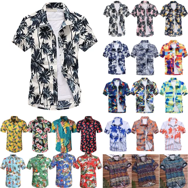 Mens Printed Short Sleeve Casual Hawaiian Shirts T-Shirt Tops Tee Summer Beach