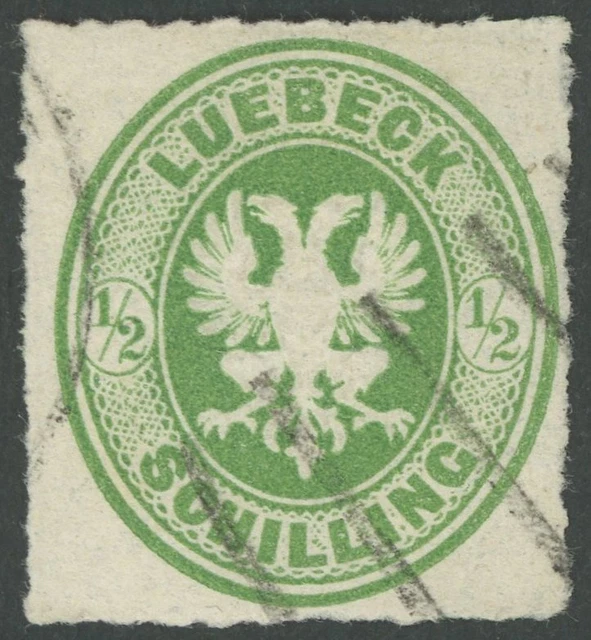 LÜBECK 1863, 1/2 S. dkl`gelblichgrün, Strichstempel!, Pracht, signiert