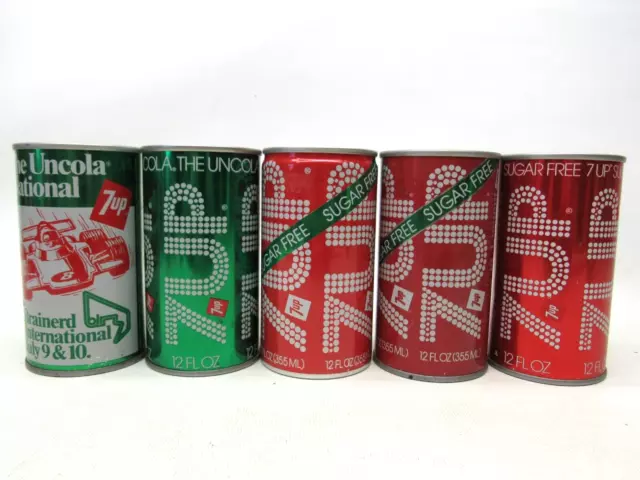 5 Vintage 7UP Steel Soda Cans Uncola National Brainerd International Sugar Free