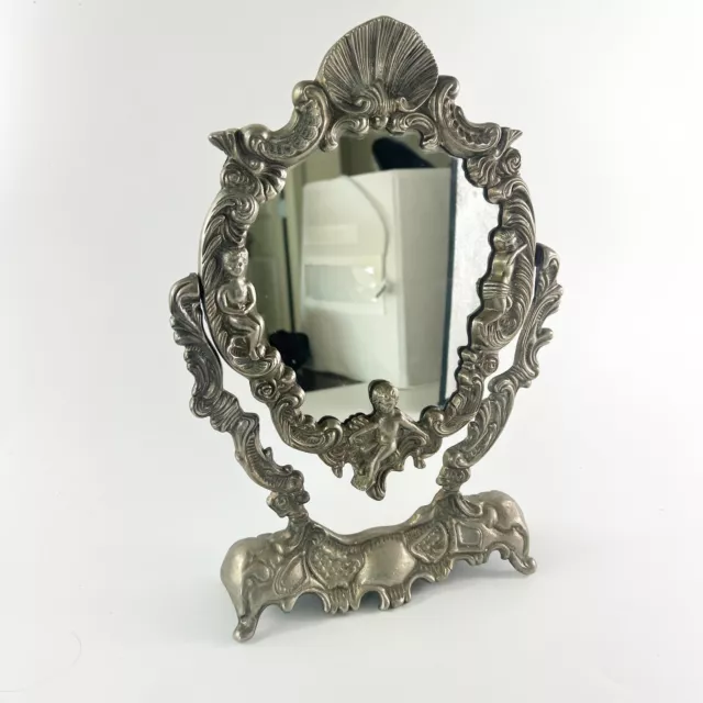 Vintage Aluminum Baroque Tilt Vanity Mirror 1970's Ornate Cherub Clam Shell
