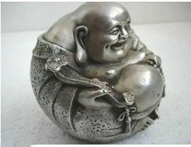 Chinese Old Rare Luck Tibetan Silver Smile Buddha Statue Height 5CM