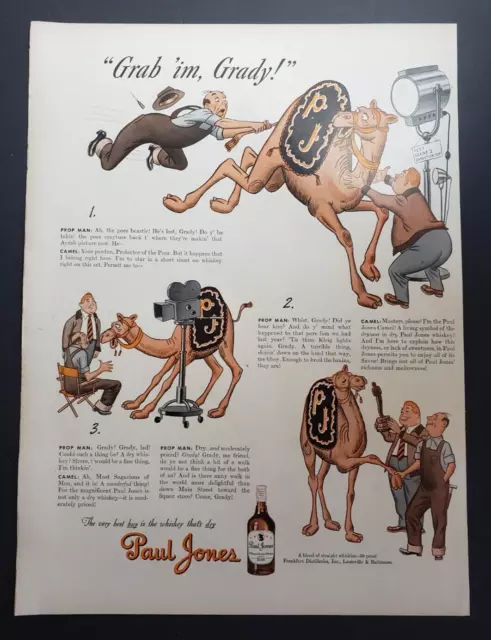 1943 Print Ad Paul Jones Whiskey Camel Prop Man Comic Style