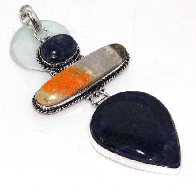 925 Silver Plated-Bumble Bee Jasper Sodalite Ethnic Long Pendant Jewelry 3.5" t9
