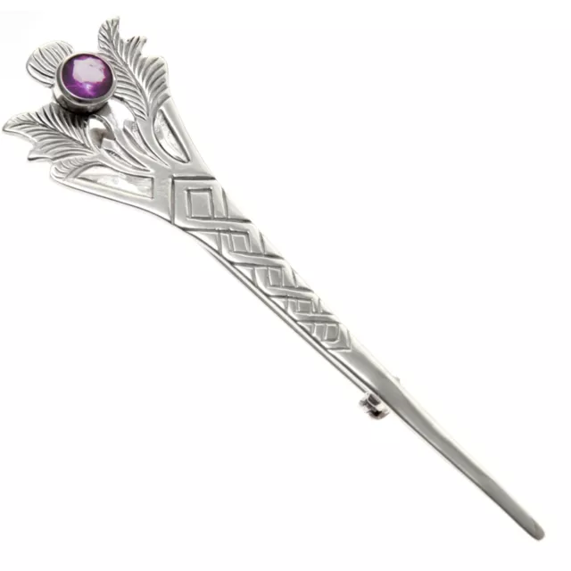 Scottish sterling silver and purple amethst thistle kilt pin in gift box