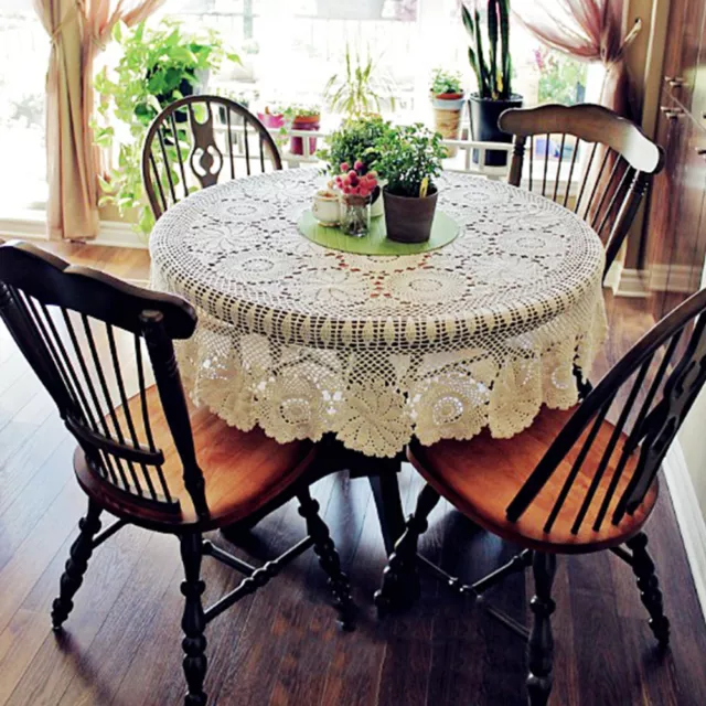 Round Vintage Lace Tablecloth Hand Crochet Cotton Table Cloth Topper Doily 52"