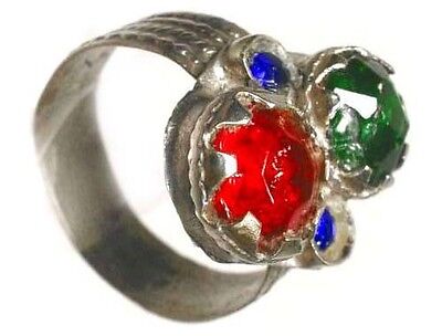 18thC Byzantine Silver Ring Ruby Red Emerald Green Sapphire Blue Glass Gems Sz10