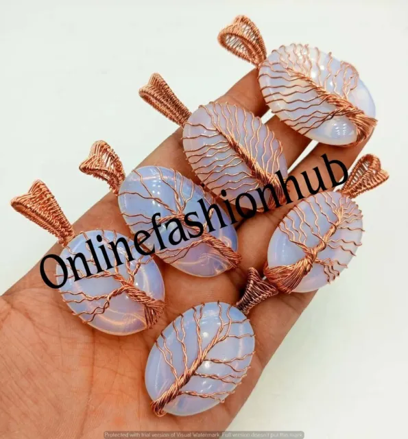 Exclusive Opalite Gemstone Tree Of Life Copper Wire Wrap 5 PCs Pendants Lot