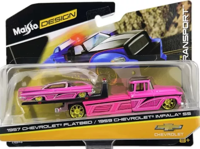 CHEVROLET Flatbed 1957 + Impala SS 1959  - pink - MAISTO 1:64