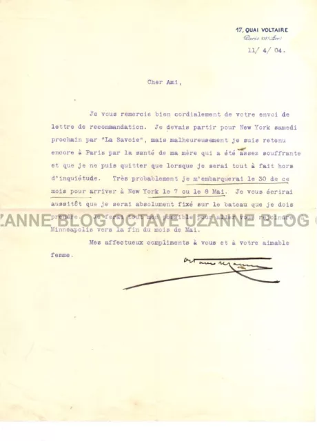 Octave Uzanne bibliophile homme de lettres Lettre signée dactylo USA Etats Unis