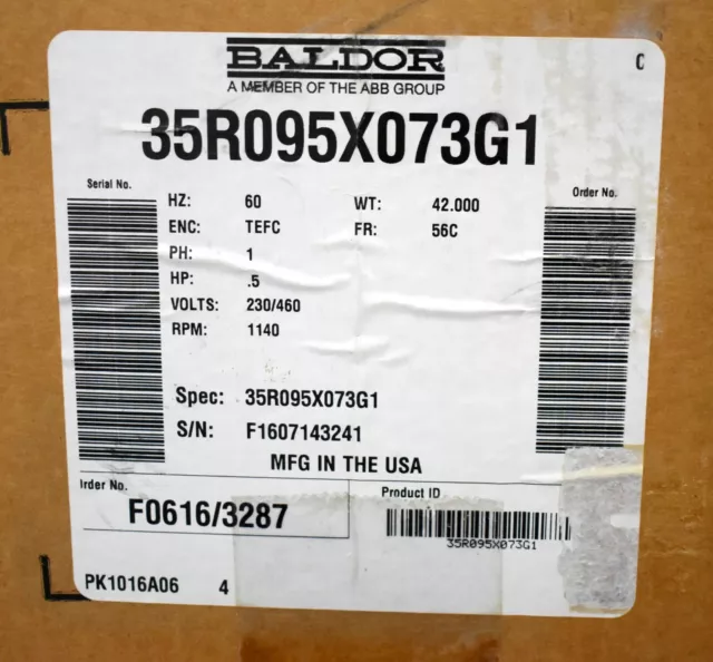 Baldor 35R095X073G1, 1/2 HP Motor, 230/460 V, 4/2 A, 1140 RPM, 60 HZ, 1 Phase 2