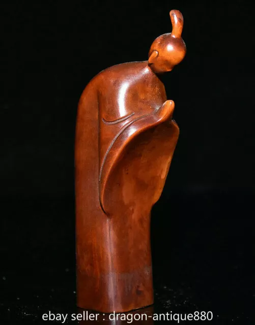 6" Chinese Boxwood Hand-carved Lohan Arhat Buddha Statue Sculpture