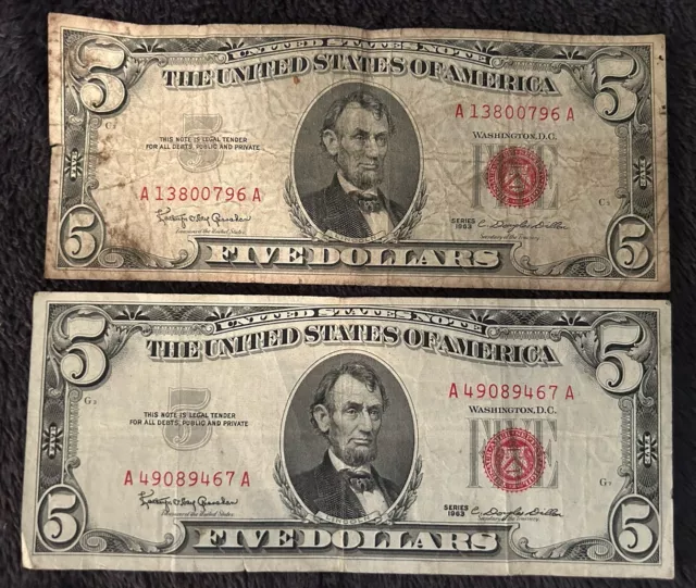 1963 Five Dollar Bill Red Seal Actual Note Circulated Currency $5 USA - Lot of 2