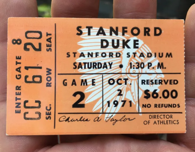 1971 DUKE Blue Devils vs. STANFORD University Indians FOOTBALL Ticket Stub