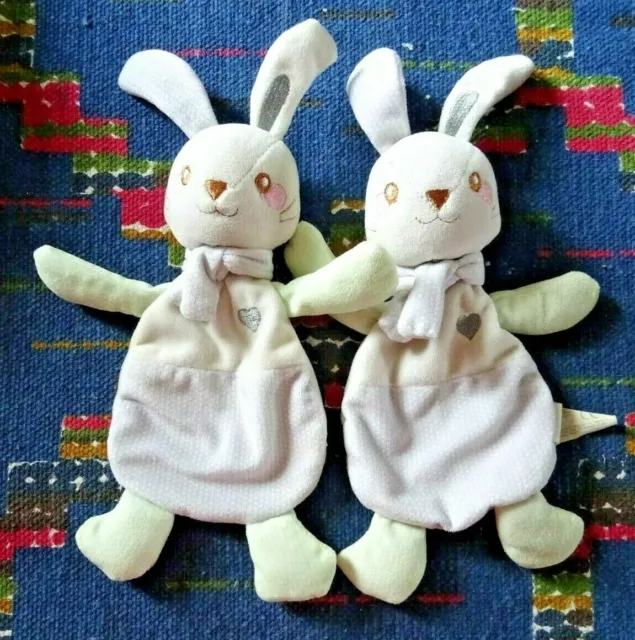 Jp/ Lot De 2 Doudou Plat Lapin Vertbaudet Lapin Foulard Gris Vert Coeur Pois Tbe